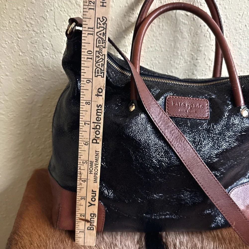 Kate Spade Black Patent Brown Leather Combo Court Tote‎ Shoulder Bag Crossbody